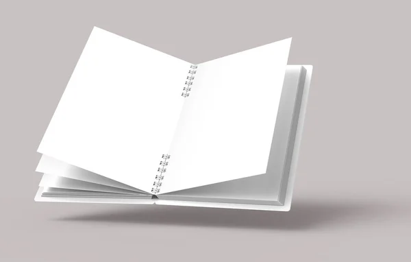 Otwieramy Notatnik Biała Twarda Okładka Blado Różowo Szarym Tle Renderingu — Zdjęcie stockowe