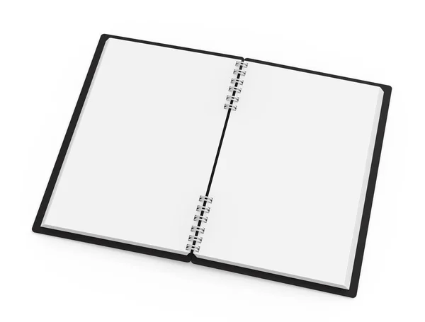 Capa Dura Preta Notebook Aberto Fundo Branco Renderização Vista Elevada — Fotografia de Stock