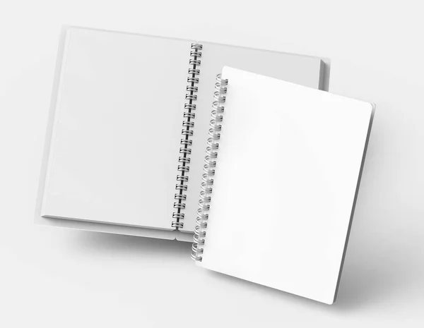 Cuadernos Abiertos Cubierta Dura Blanca Flotante Representación Sobre Fondo Gris —  Fotos de Stock