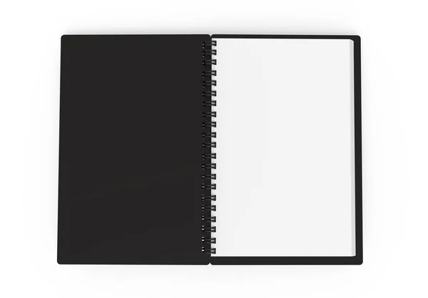 Μαύρο Σκληρό Κάλυμμα Ανοίξτε Σημειωματάριο Άσπρο Φόντο Rendering Κάτοψη — Φωτογραφία Αρχείου