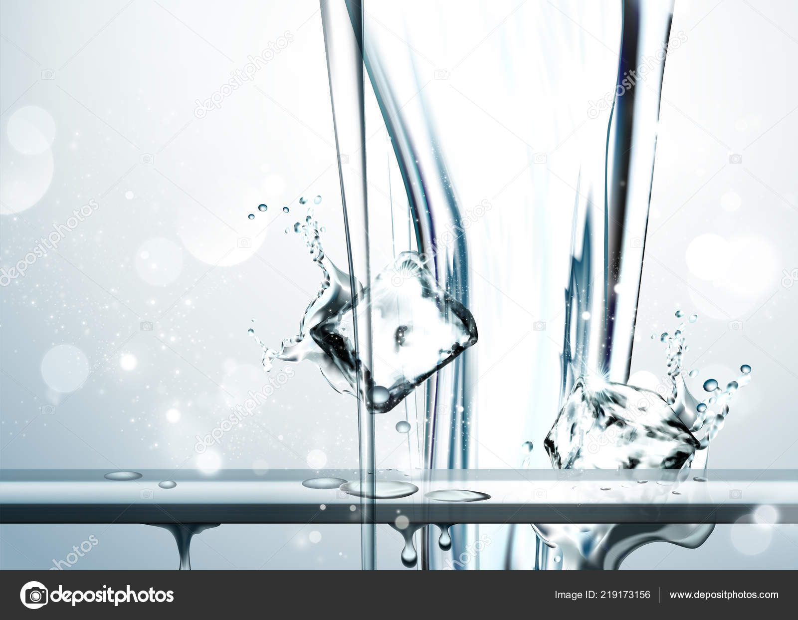 Pure Water Pouring Top Ice Cubes Illustration Glittering Background ...