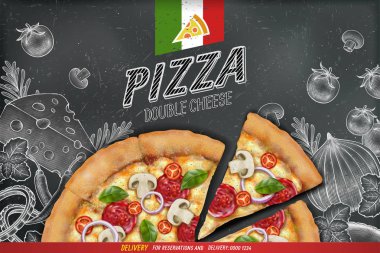 3d resimde zengin Topingler hamur üzerinde oyulmuş stil tebeşir ile lezzetli pizza reklam arka plan doodle