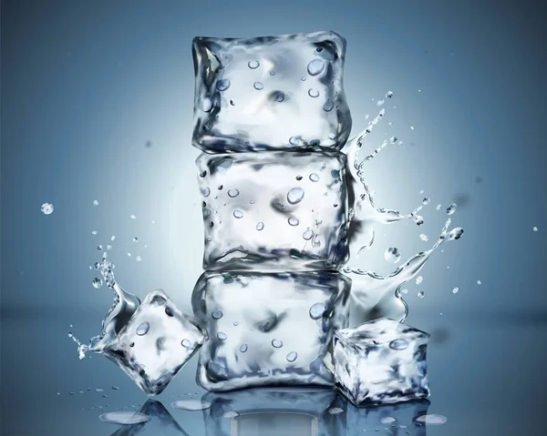 Eiswürfelset Mit Kondenswasser Und Spritzwasser Illustration Auf Blauem Hintergrund — Stockvektor