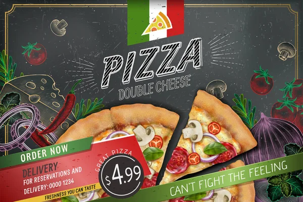 Соленая Реклама Пиццы Трехмерной Иллюстрацией Богатые Начинки Тесто Гравированном Стиле — стоковый вектор