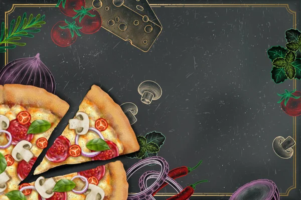 Ilustración Pizza Salada Con Ricos Ingredientes Estilo Grabado Tiza Doodle — Vector de stock