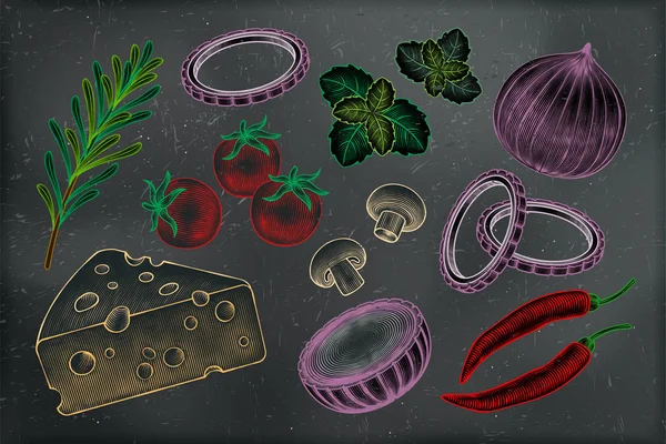 Gegraveerde Stijl Voedselingrediënten Schoolbord Voor Design Toepassingen — Stockvector