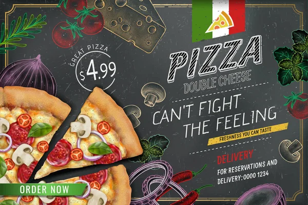 Pikantní Pizza Reklamy Ilustrace Sytými Posypkami Těsta Ryté Styl Křídou — Stockový vektor