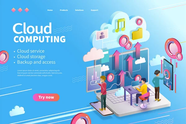 Isometrische Cloud Computing Webpagina Ontwerp Mensen Met Behulp Van Kon — Stockvector