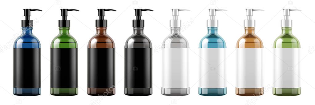Set of pump bottles with blank labels on white background in 3d illustration