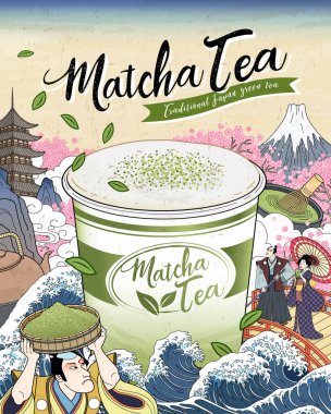 Ukiyo-e Matcha çay reklamlarla okyanus gelgit, Japon vintage sanatı yüzen dev paket servisi olan restoran Kupası