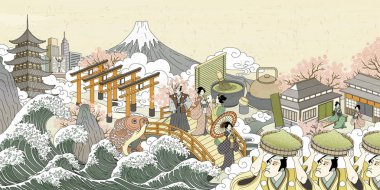 Retro Japonya sokak sahne Ukiyo-e tarzı, yeşil toz taşıyan ve onların içecek zevk insanlar