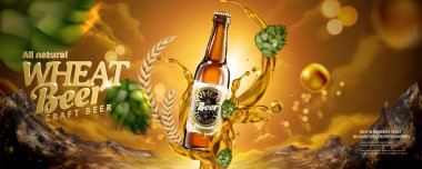 Buğday bira banner reklamlar uçan atlama ve 3d çizim, altın sesi arka plan dağ ile sıvı ile