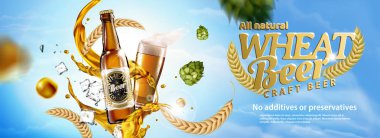 Buğday bira banner reklamları ile uçan atlama ve 3d çizim, mavi gökyüzü arka plan buğday
