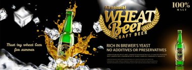 Buğday bira reklam uçan buz küpleri ve sıvı 3d çizimde, koyu siyah arka plan ile