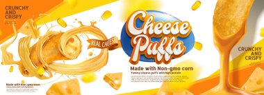 Peynir ile lezzetli sause havada 3d çizim dönen banner reklamları puffs