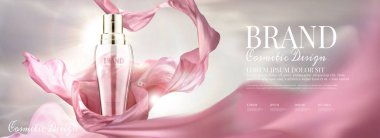Kozmetik banner reklamları püskürtülen ilaç şişe ve uçan şifon, 3d çizim ile