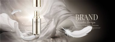 Şifon ve tüyler, 3d çizim bokeh ışıltılı arka plan uçan ile kozmetik banner reklamlar