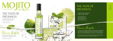 Mojito banner reklamları 3d çizim suda yüzen dilimlenmiş meyve ve buz küpleri ile yenileme