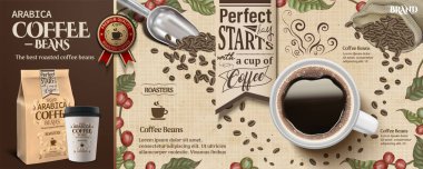Stil bir fincan sade kahve ve kızarmış fasulye ile 3d resimde oyma içinde kahve çekirdeği reklamlar
