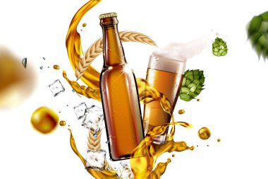 Bira cam sıvı ve 3d çizim tasarım kullanımlar için havada uçan maddeler ile
