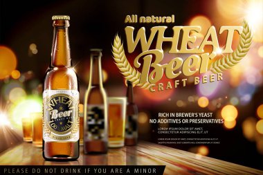 Zanaat buğday bira bokeh gece bar arka planda 3d çizim