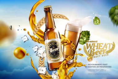 Sıvı ve malzemeler üzerinde bokeh mavi sky 3d çizimdeki sıçrama ile zanaat buğday bira