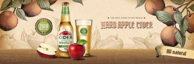 Stil orchard sahnede 3d çizimde gerçekçi ürün ve meyve ile oyma içinde sert elma elma şarabı ads