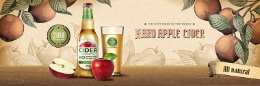 Hard apple cider ads in engraving style with realistic product and fruits in 3d illustration on orchard scene clipart