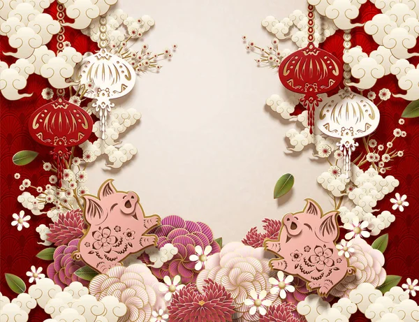 Leere Chinesische Neujahrshintergrund Design Mit Schweinchen Pfingstrose Und Laternen Papierkunst — Stockvektor