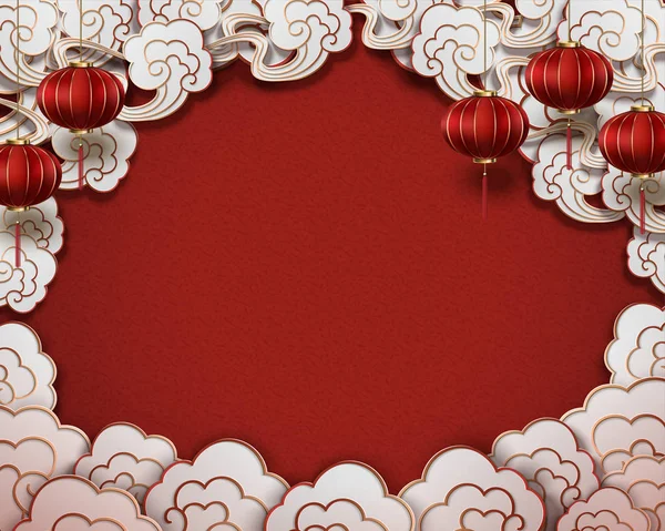 Hintergrund Traditionellen Chinesischen Stil Mit Weißem Wolkenrahmen Und Hängenden Laternen — Stockvektor
