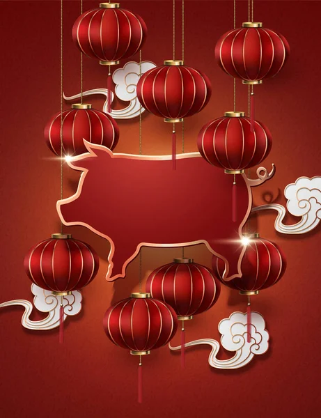 Decoraciones Chinas Año Nuevo Con Linternas Rojas Colgantes Silueta Cerdo — Vector de stock