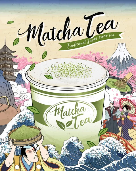 Anuncios Ukiyo Matcha Con Una Taza Gigante Para Llevar Flotando — Vector de stock