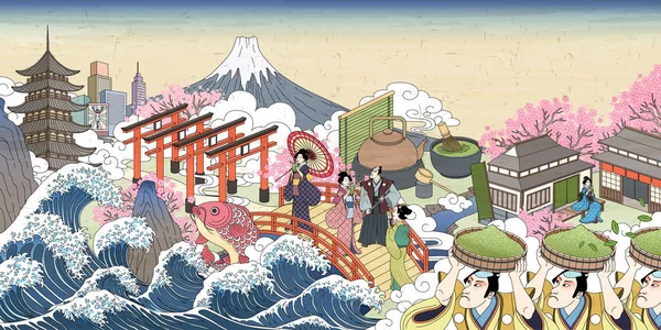 复古的日本街景乌基约 人们携带绿色粉末和享受他们的饮料 — 图库矢量图片