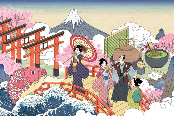 复古的日本风景 乌基约 人们携带享受他们的绿茶在桥上 — 图库矢量图片