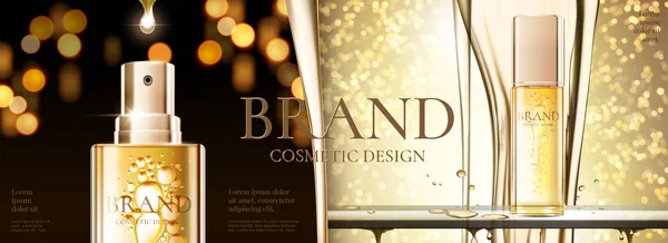 Kozmetik Banner Reklamları Ile Altın Sprey Şişe Bokeh Işıltılı Arka — Stok Vektör