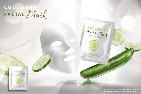 Máscara Facial Pepino Anúncios Com Ingredientes Fundo Branco Bokeh Ilustração — Vetor de Stock