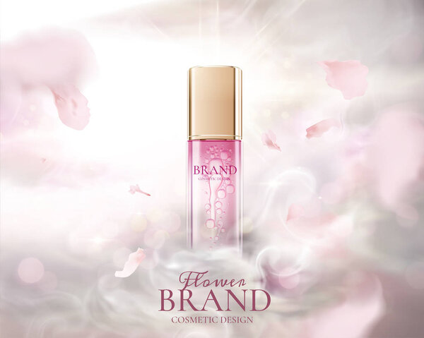 Объявления по уходу за кожей с розовыми лепестками и эффектом тумана на 3D иллюстрации
