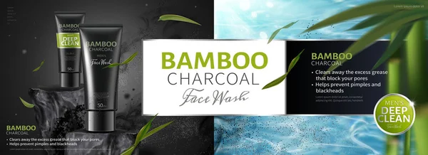 Bambus Holzkohle Reinigungsprodukt Werbebanner Mit Fliegenden Blättern Und Schwarzen Zutaten — Stockvektor