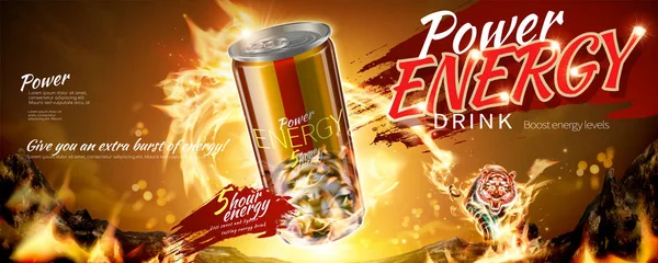 イラストレーションのフレアと虎の特殊効果とエネルギー飲み物のバナー広告 — ストックベクタ