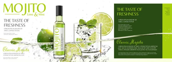 Anúncios Refrescantes Banner Mojito Com Frutas Fatiadas Cubos Gelo Flutuando — Vetor de Stock