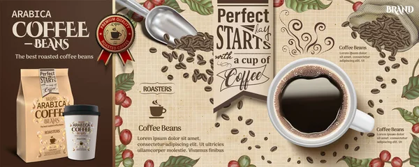Kaffeebohnenanzeigen Gravurstil Mit Einer Tasse Schwarzen Kaffees Und Gerösteten Bohnen — Stockvektor