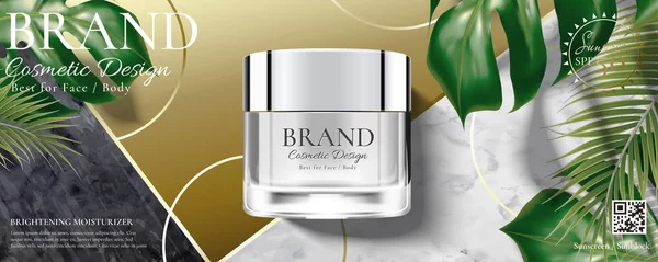 Kosmetik Cremeglas Werbung Mit Tropischen Blättern Auf Marmorstein Und Goldenem — Stockvektor