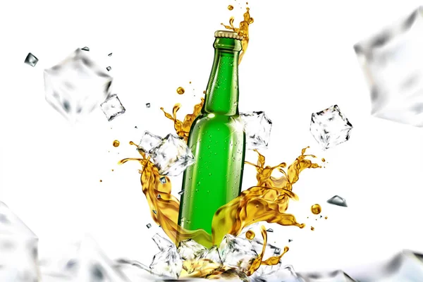 Butelki Piwa Szkła Cieczy Kostkami Lodu Latające Powietrzu Ilustracji Projektowania — Wektor stockowy