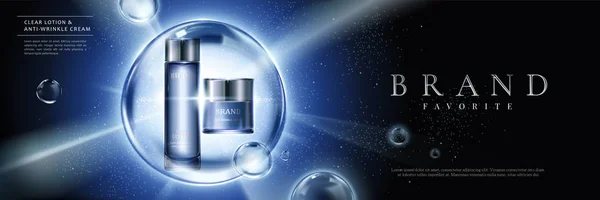 Kosmetického Prostředku Sada Reklam Modré Kontejnery Bublinách Zářící Pozadí Obrázku — Stockový vektor