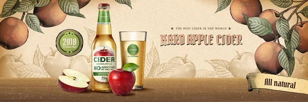 Hårda Apple Cider Annonser Gravyr Stil Med Realistiska Produkt Och — Stock vektor