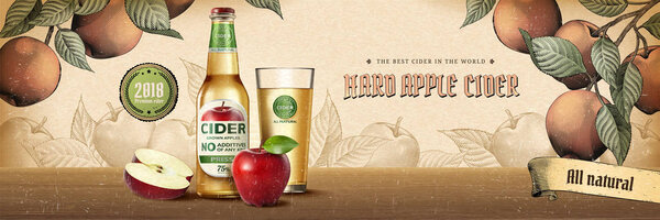 Hard apple cider ads in engraving style with realistic product and fruits in 3d illustration on orchard scene