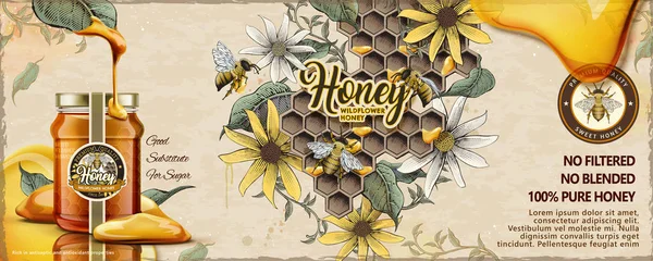 Wild Flower Honey Ads Illustration Glass Jar Filled Nectar Retro Stock Illustration