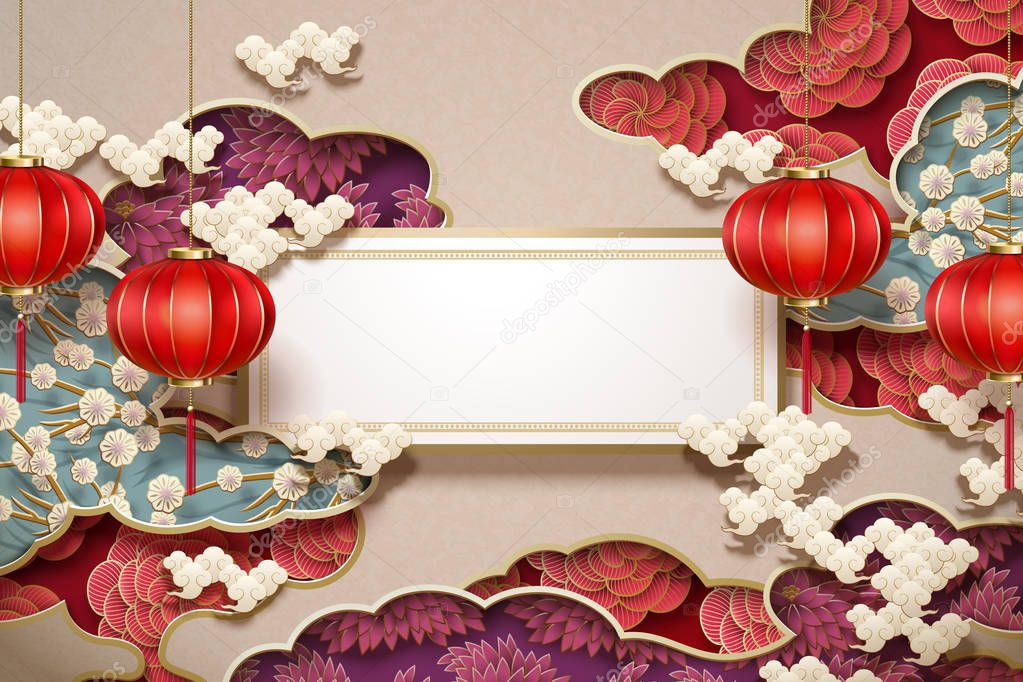 Chinese traditional wallpaper with blank roll and hanging lanterns on floral decorations