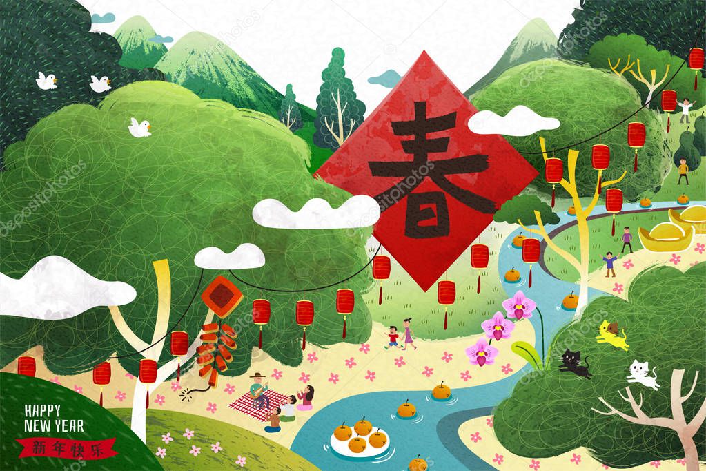 Spring and happy new year Chinese word on spring couplet with hand drawn style nature scenery, people having picnic near by river