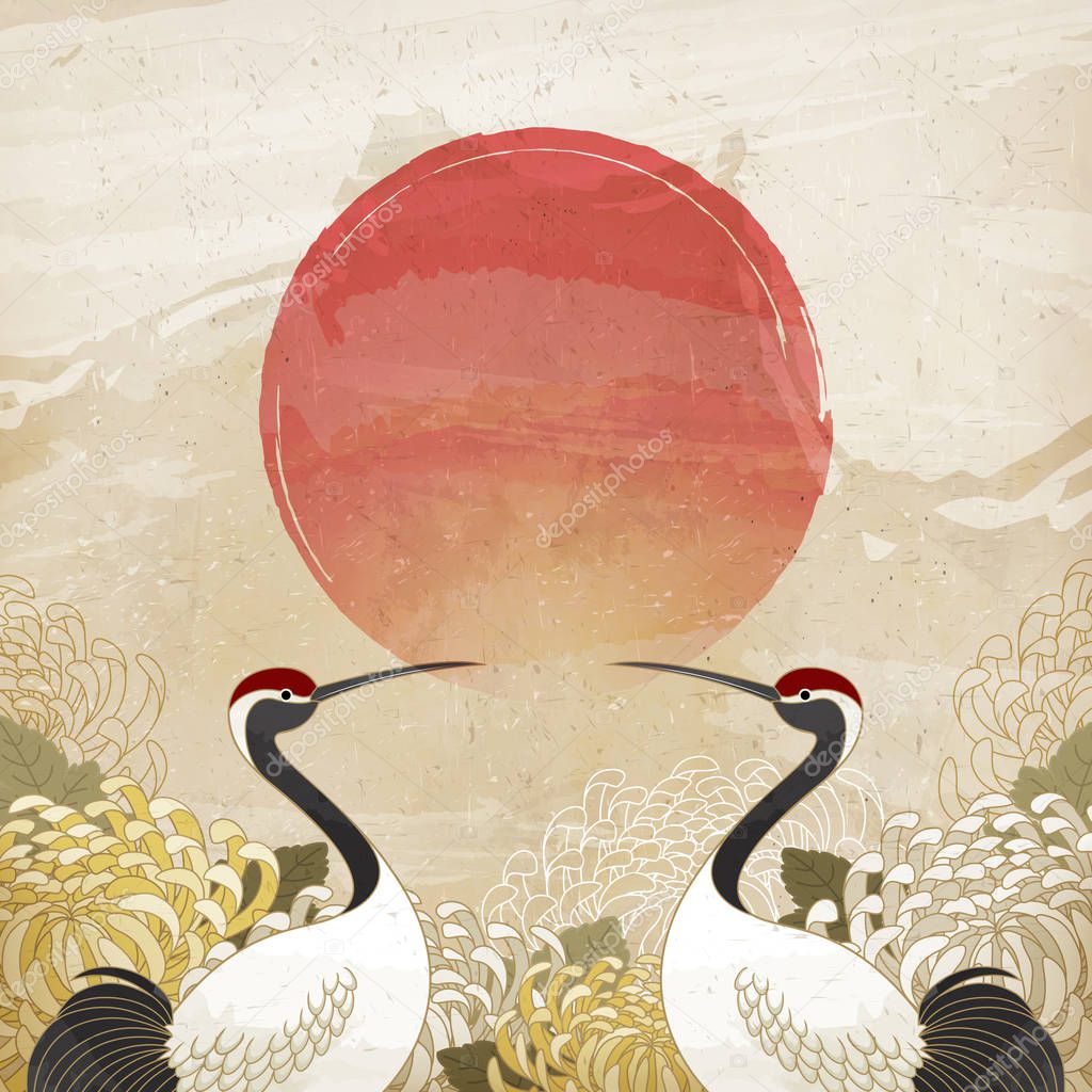 Double ninth festival design with symmetric red crowned crane and chrysanthemum background